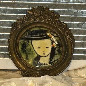 Vintage MCM Gerte Hacker Enamel On Copper Asian Women In Hat Brass Frame Signed